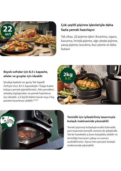 7000 Serisi Xxl Airfryer & Fritöz , Wı-Fı Uzaktan Bağlantı, 2kg, 8.3l Kapasiteli Hazne 22 Farklı Pişirme Fonksiyonu + Pişirme Seti fiyatları