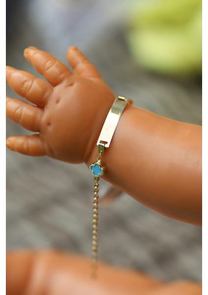 14 Ayar Altın Mavi Yonca Detaylı Çocuk Künyesi