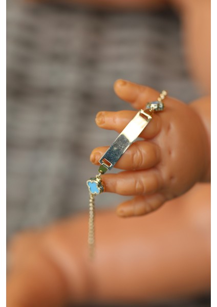 14 Ayar Altın Mavi Yonca Detaylı Çocuk Künyesi modelleri