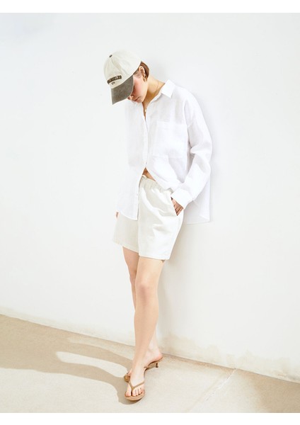 Yeni Sezon Beli Lastikli Keten Karışımlı Kadın Şort