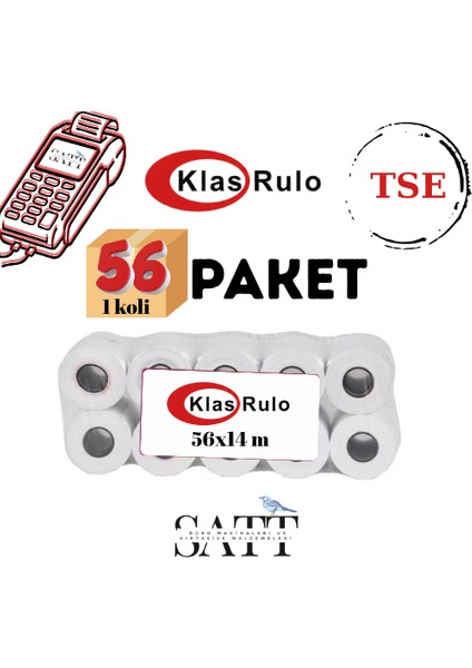 Yazarkasa Pos Rulosu 56 x 14 mm 1 Koli 56 Paket 560 Rulo