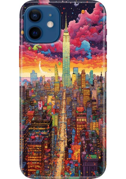 Apple iPhone 12 Kılıf Renkli Baskılı Silikon Retro Newyork