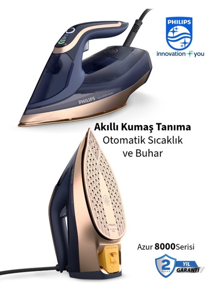 Azur Buharlı Ütü 8000 Serisi, 260G Turbo Şok Buharlı Ütü Optimaltemp Akıllı Sensörlü Kumaşa Göre Isı Ayarlayan Teknoloji +Şarjlı Hav Yün Temizleyici