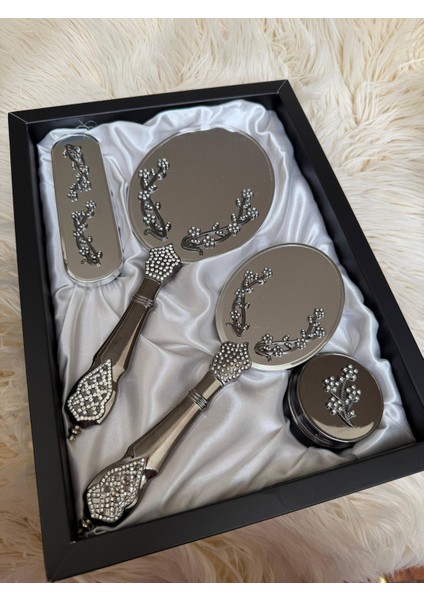 Kristal Inci Dal Detaylı Gelin Ayna Tarak Seti – Lüks Çeyizlik Hediyelik Kutulu Premium Set