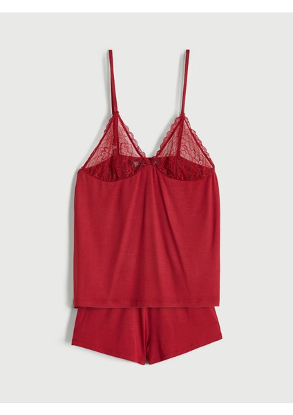 Yeni Sezon V Yaka Dantel Detaylı Kadın Şortlu Pijama Takımı