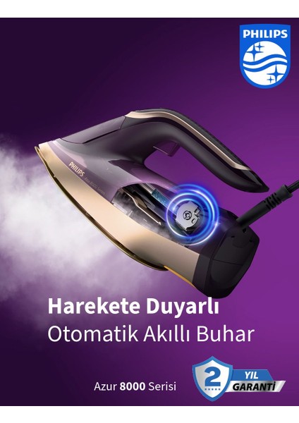 Azur 8000 Serisi Buharlı Ütü Optimaltemp Teknolojisi ile Kumaşa Göre Isı Ayarı – •yüksek Güç ve Buhar Performansı Sayesinde Zorlu Kırışıklıkları Hızla Açar.