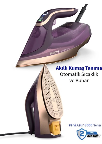 Azur 8000 Serisi Buharlı Ütü Optimaltemp Teknolojisi ile Kumaşa Göre Isı Ayarı – 3000W 260G Şok Buhar•dikey Buhar Fonksiyonu+ Şarjlı Hav Yün Temizleyici