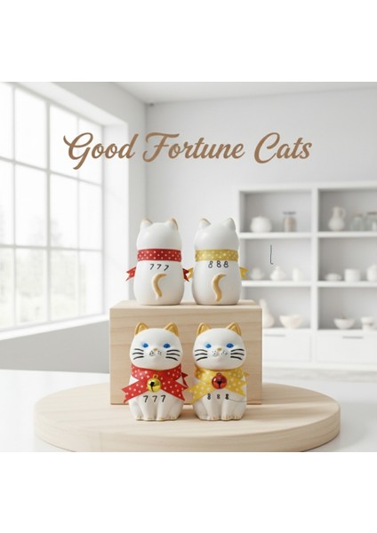 Yeni Yıl Maneki Neko Japon Şans Kedisi, Beyaz Seramik, Altın Kulaklı, Çıngıraklı Fiyonklu, 2'li Set, Dekoratif Biblo modelleri