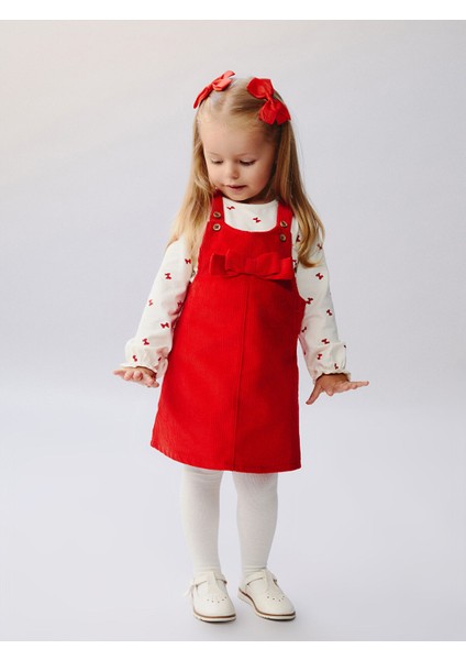 Yeni Sezon Fiyonk Detaylı Kadife Kız Bebek Salopet Elbise ve Tişört