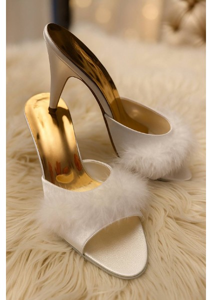 Premium Saten Tüylü Topuklu Terlik – Lüks Gece & Ev Şıklığı, Gelin Bohçası, Çeyizlik modelleri