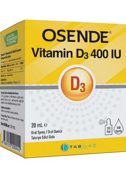 Vitamin D3 400 IU Damla Sprey 20 ml - Dezenfektan Hediyeli (%72 Alkol) modelleri