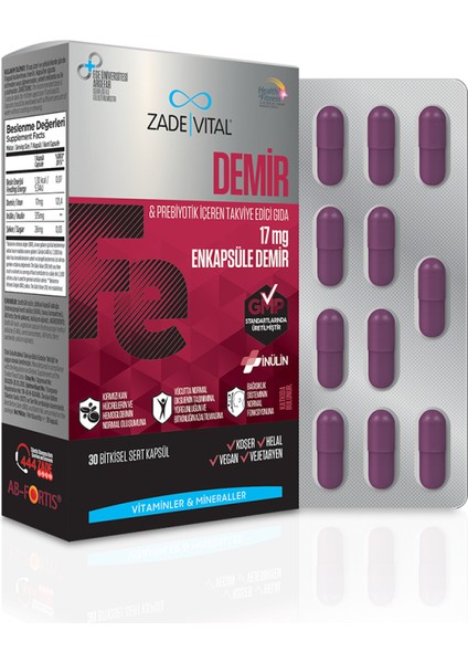 Demir ve Prebiyotik Içerikli Takviye Edici Gıda 30 Kapsül - Dezenfektan Hediyeli (%72 Alkol) fiyatları