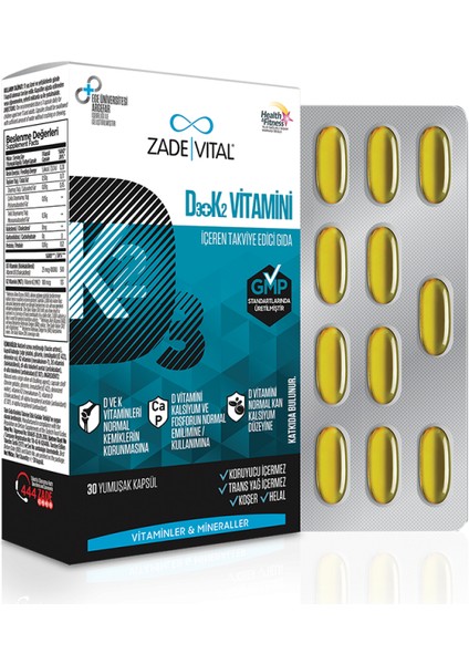 D3 + K2 Vitamini 30 Yumuşak Kapsül - Dezenfektan Hediyeli (%72 Alkol)
