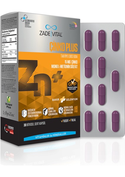 Çinko Plus Takviye Edici Gıda 30 Kapsül - Dezenfektan Hediyeli (%72 Alkol)