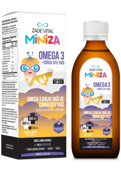 Miniza Omega 3-Çörek Otu Yağı Içerikli Sıvı Takviye Edici Gıda 150 ml - Dezenfektan Hediyeli (%72 Alkol)