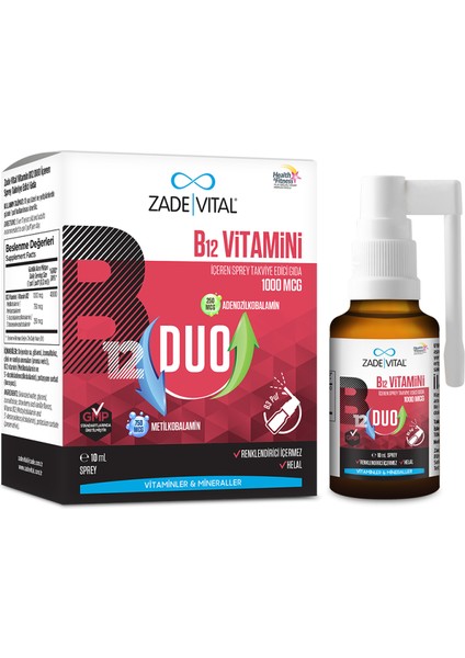 Vitamin B12 Duo 1000 Mcg Sprey 10 ml - Dezenfektan Hediyeli (%72 Alkol)