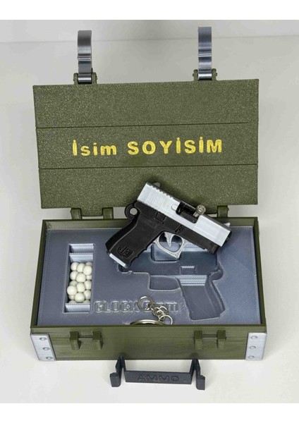 Hediyelik Kişiye Özel Silah Sandığı ve Bb Airsoft Mermisi Atan Gümüş Gri Glock Tabanca Anahtarlık
