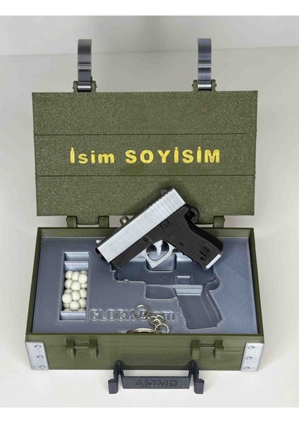 Hediyelik Kişiye Özel Silah Sandığı ve Bb Airsoft Mermisi Atan Gümüş Gri Glock Tabanca Anahtarlık fiyatları