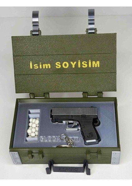 Hediyelik Kişiye Özel Silah Sandığı ve Bb Airsoft Mermisi Atan Gümüş Gri Glock Tabanca Anahtarlık modelleri