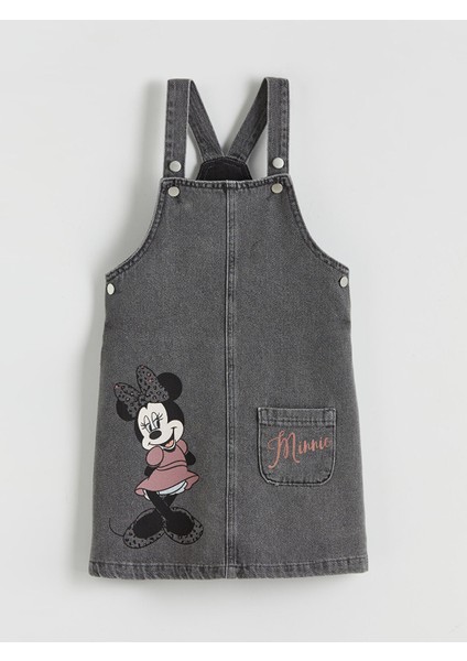 Yeni Sezon Kare Yaka Minnie Mouse Baskılı Kız Çocuk Jean Salopet Elbise