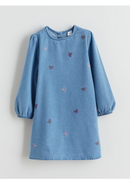 Yeni Sezon Bisiklet Yaka Fiyonk Nakışlı Kız Çocuk Jean Elbise