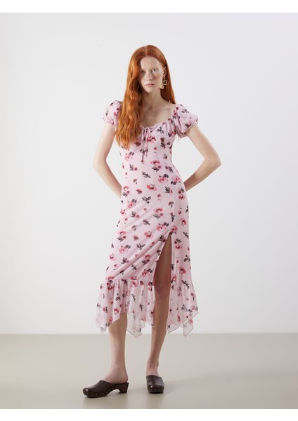 Yeni Sezon Bağlamalı Yaka Çiçekli Bodycon Elbise