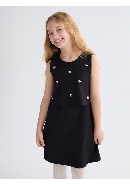 Yeni Sezon Bisiklet Yaka Taşlı Kız Çocuk Elbise