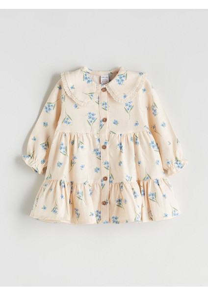 Yeni Sezon Bebe Yaka Fırfırlı Baskılı Kız Bebek Elbise