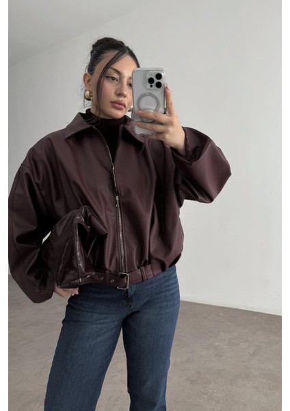 Zr Oversiz Kemerli Bomber Bordo Deri Ceket