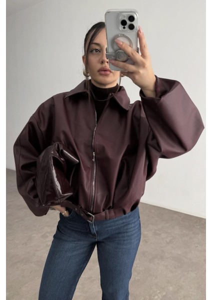 Zr Oversiz Kemerli Bomber Bordo Deri Ceket fiyatları