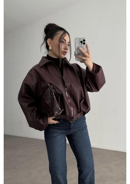 Zr Oversiz Kemerli Bomber Bordo Deri Ceket modelleri