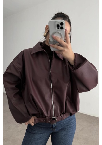 Zr Oversiz Kemerli Bomber Bordo Deri Ceket fırsatları