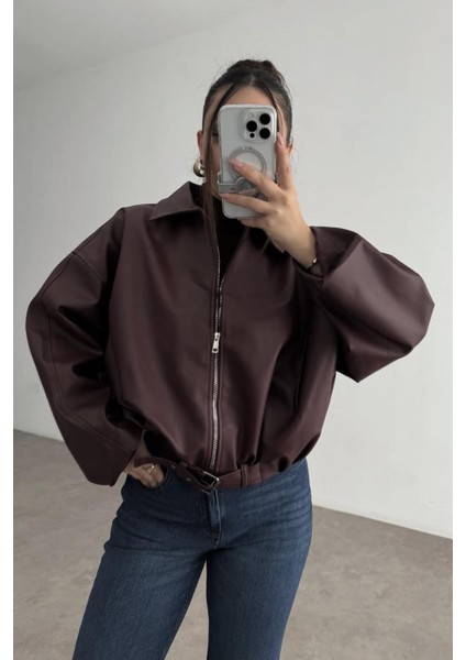 Zr Oversiz Kemerli Bomber Bordo Deri Ceket indirimleri