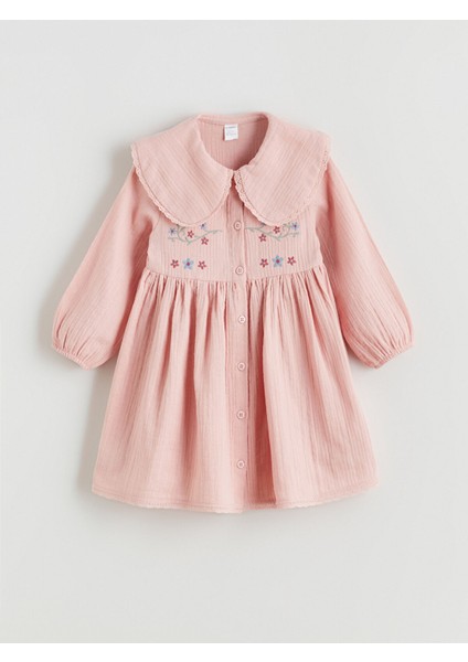 Yeni Sezon Bebe Yaka Çiçekli Kız Çocuk Müslin Elbise