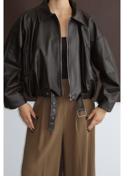 Zr Oversiz Kemerli Bomber Kahverengi Deri Ceket