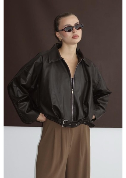 Zr Oversiz Kemerli Bomber Kahverengi Deri Ceket fiyatları