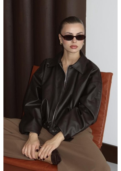 Zr Oversiz Kemerli Bomber Kahverengi Deri Ceket modelleri