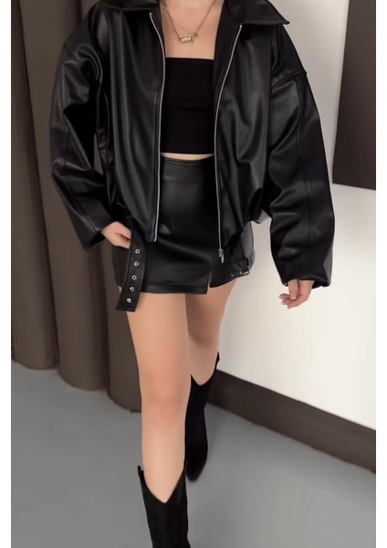 Pb Oversiz Kemerli Bomber Siyah Deri Ceket