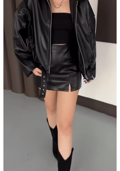 Pb Oversiz Kemerli Bomber Siyah Deri Ceket modelleri