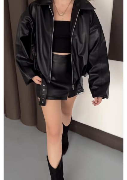 Zr Oversiz Kemerli Bomber Siyah Deri Ceket