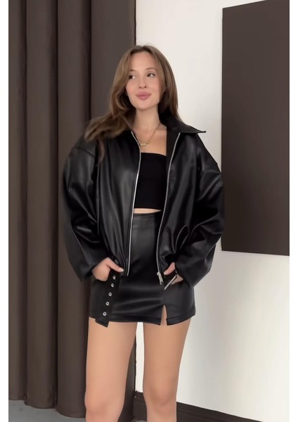 Zr Oversiz Kemerli Bomber Siyah Deri Ceket fiyatları