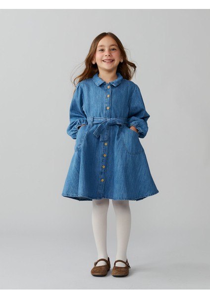 Yeni Sezon Gömlek Yaka Kız Çocuk Jean Elbise