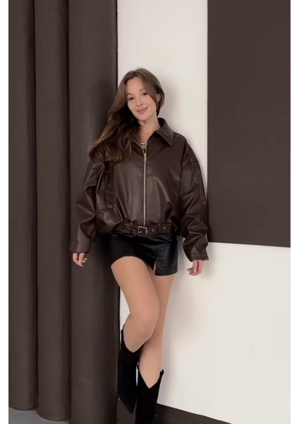 Pb Oversiz Kemerli Bomber Kahverengi Deri Ceket modelleri