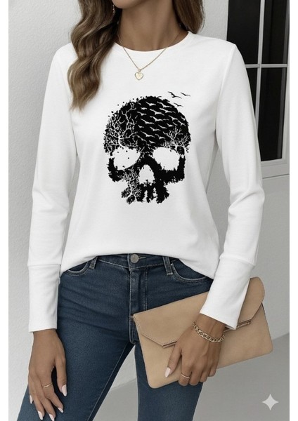 Kadın Uzun Kollu Bisiklet Yaka Kurukafa Desenli Viskon Bluz