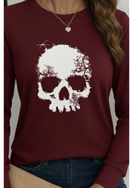 Kadın Uzun Kollu Bisiklet Yaka Kurukafa Desenli Viskon Bluz fiyatları