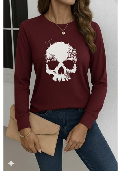 Kadın Uzun Kollu Bisiklet Yaka Kurukafa Desenli Viskon Bluz modelleri