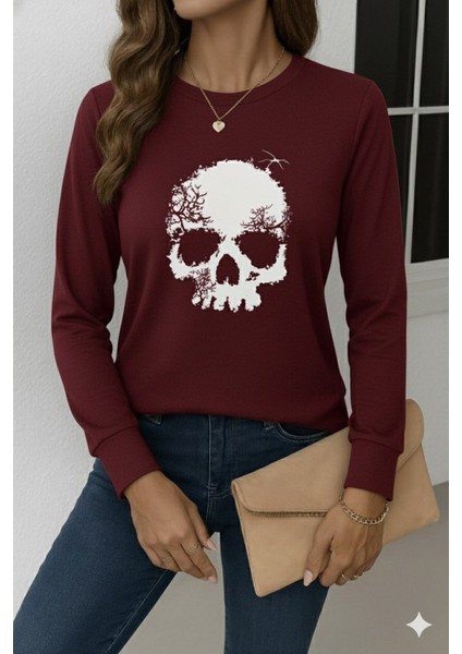 Kadın Uzun Kollu Bisiklet Yaka Kurukafa Desenli Viskon Bluz