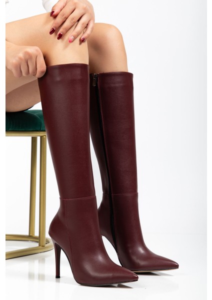LS-226 Bordo Cilt Fermuarlı Lastikli Ince Yüksek Topuklu Kadın Çizme modelleri