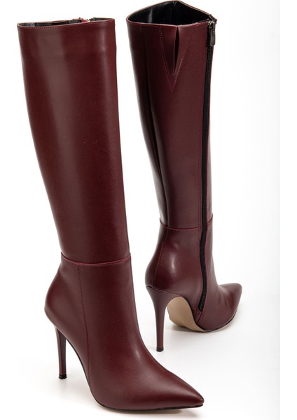 LS-226 Bordo Cilt Fermuarlı Lastikli Ince Yüksek Topuklu Kadın Çizme fırsatları