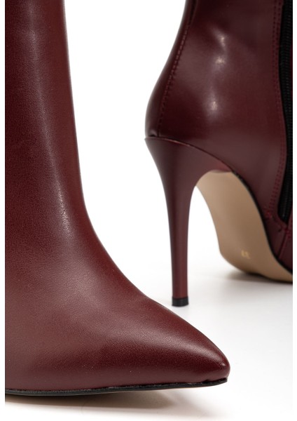 LS-226 Bordo Cilt Fermuarlı Lastikli Ince Yüksek Topuklu Kadın Çizme indirimleri